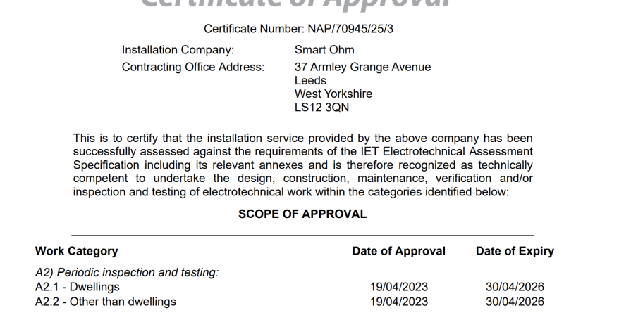 NAPIT Certificate - Electrical Inspector 